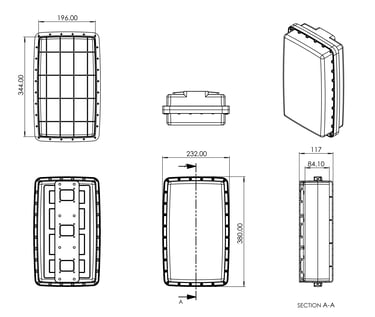 Technical drawing of Plasdev electronic enclosure showing sizes