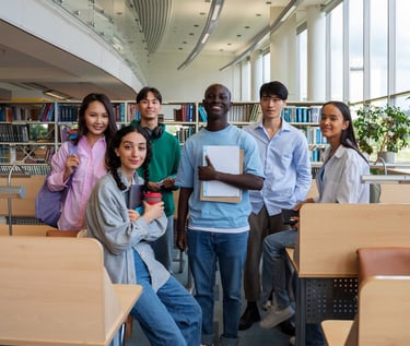 Diverse group of college students standing together in a modern university library study space.