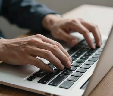 A stylized, high-contrast close-up shot of hands typing on a modern, sleek laptop keyboard with clean ambient bright lighting. Focus on productivity, technology, and online instruction in a professional North American / US corporate setting.