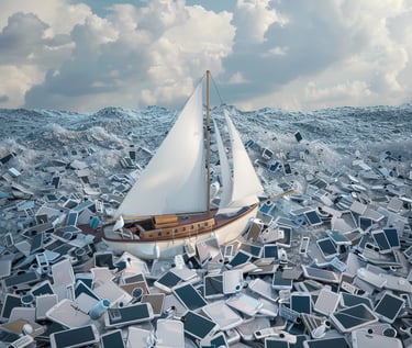 Eine Illustration eines Segelschiffs, das über ein Meer aus Smartphones und Tablets segelt