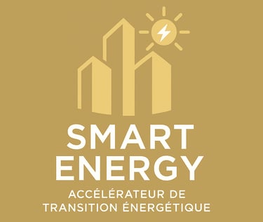 a smart energy logo with a city skyline in the background