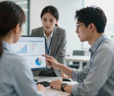 Two corporate campaign experts working in a bright office reviewing analytics on a screen, professional and clean environment.