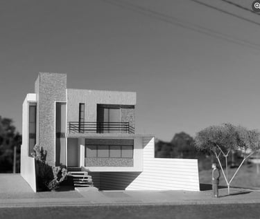 Maquete de casa moderna com fachada volumétrica e elementos verticais em destaque