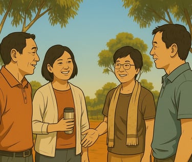 Chinese-Australian adults chatting under gum trees in bright Robinvale morning, calm smiles, ochre soil, blue sky.