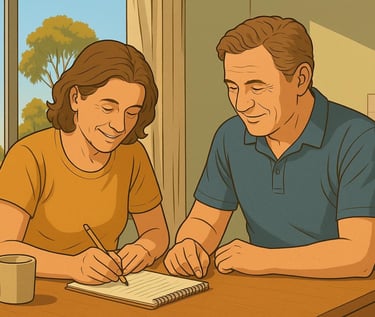 Italian-Australian couple planning at kitchen table in Robinvale, gum trees outside, warm morning light, calm teamwork.