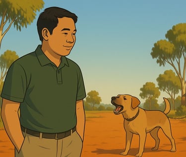 Vietnamese man calmly standing near a barking dog in bright morning light with gum trees and red soil.
