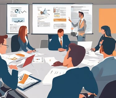 a group of people sitting around a table with a presentation
