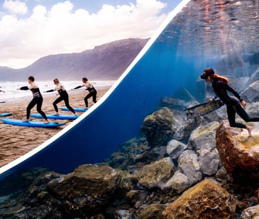 Clases de surf en la arena en la playa de famara y clases de apnea