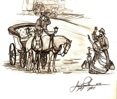 O casal se despede do cocheiro e sua parelha de cavalos em um rascunho do Jaum de 2004.