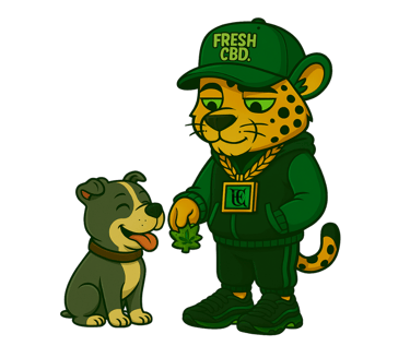 Leopardo Fresh CBD dando un producto cbd a su mascota un perro