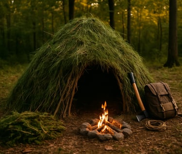 Natural debris hut covered in moss and branches with campfire outside