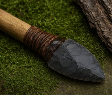 Close-up of primitive stone axe with wrapped handle on forest floor for wilderness tool making and bushcraft skills