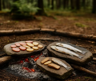 Wild foraged fish and root vegetables cooking on flat stones over fire