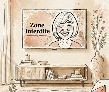 Watercolor illustration of a living room with Zone Interdite playing on a TV screen.