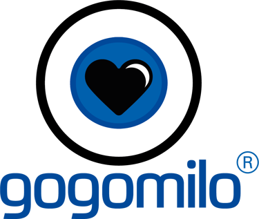 Gogomilo brand logo featuring a black heart icon inside a blue circle above blue lowercase text.