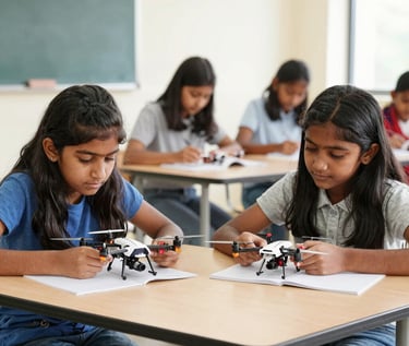 Students assembling a complex robotics project with focused expressions