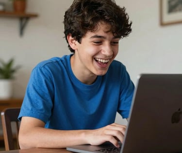 Vibrant and natural photography of a Chilean teenager laughing while looking at a laptop at home, representing a positive and playful approach to modern mental health support.