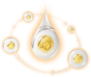 A golden serum drop with essential oils and molecular rings illustrating a skincare formula.