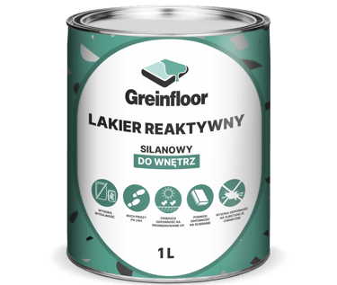 Puszka z niebieską etykietą produktu Greinfloor Lakier Reaktywny, silanowy do wnętrz o pojemności 1L