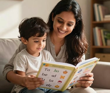 A South Asian / Indian mother smiling warmly as she sits with her young child, looking at a phonics worksheets book together in their cozy Mumbai home, beautifully lit by warm morning sunshine.