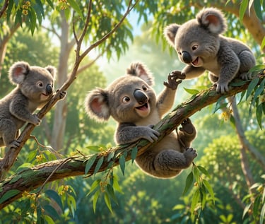 Three adorable animated koalas playing on eucalyptus tree branches in a sunny Australian forest.