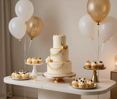 A beautifully designed birthday celebration setting, modern premium style, elegant dessert table with a tiered cake embellished with gold details, delicate balloons, soft warm lighting, Gulf style sophistication.
