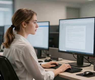 Professional woman working on a computer in a modern office, typing on a keyboard while viewing data.