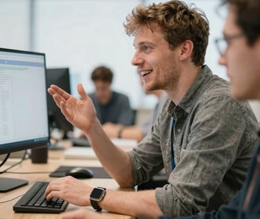 a white european guy in his 30s, spontaneous photo in an office, a web developer, side photo