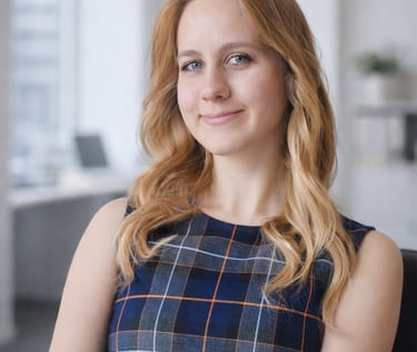 Professional blonde woman in a plaid dress smiling in a modern bright office setting.