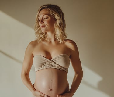 Fotografía de una mujer embarazada usando un top y tocando su vientre