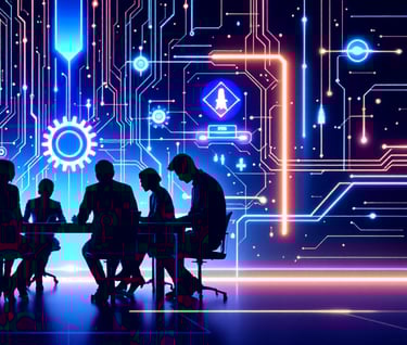 Futuristic hero section image with technology graphics and teamwork silhouettes