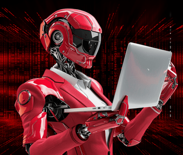 Robot in a red suit and a laptop