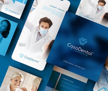 a variety of dental care products displayed on a blue background