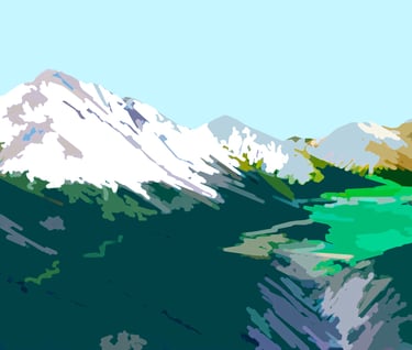 a mountain scene with a river and a mountain in the background