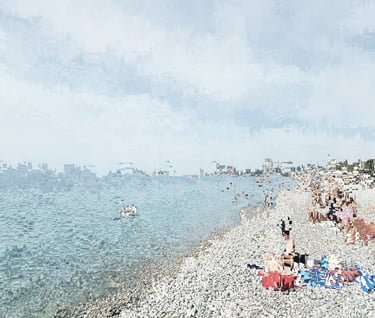 a beach with people on the beach