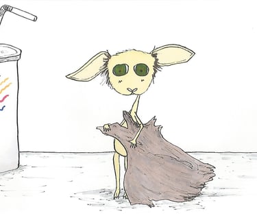 A tiny tan gremlin creature with big green eyes timidly holding a scrap of garbage