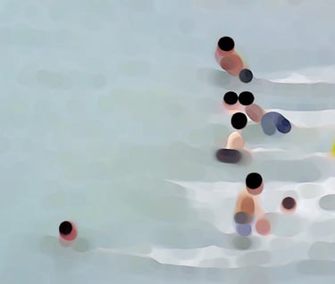 a group of people running in the water