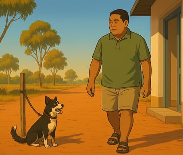 Tongan man calmly walking past a tethered dog in bright Robinvale morning light, relaxed posture and steady confidence.