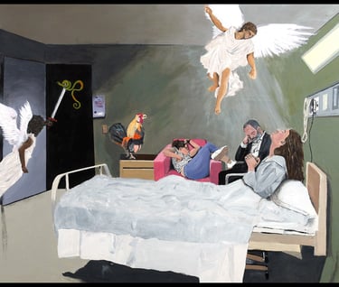 Christian inspired artwork. Woman in hospital with angels in the room.