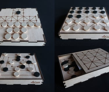Mallette jeux médiévaux (alquerque, moulin ou merelle, renard et oies) gravée et découpée au laser