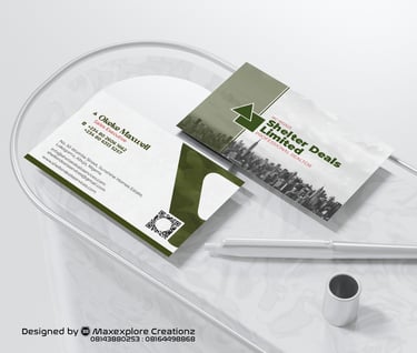 a business card, front and back with a pen