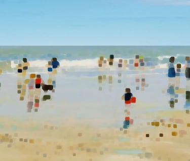 a group of people standing on a beach
