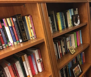 a bookcase with many books on it