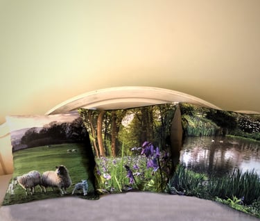 3 linen look, velvet backed cushions with original photographic images depicting the green of nature
