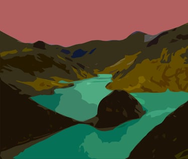 a painting of a mountain scene with a river