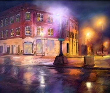 my town, misty night, downtown, uptown scene