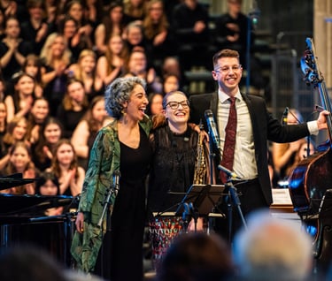 Finishing a performance with Jess Gillam (Saxophone) and Zeynep Özsuca (piano)