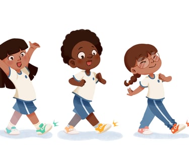 Ilustração infantil para didático de crianças fazendo passos de dança.