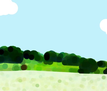 a cartoonish looking landscape with a cow in the foreground