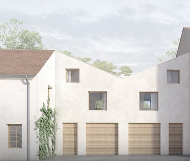 a row of garage doors with garage doors open